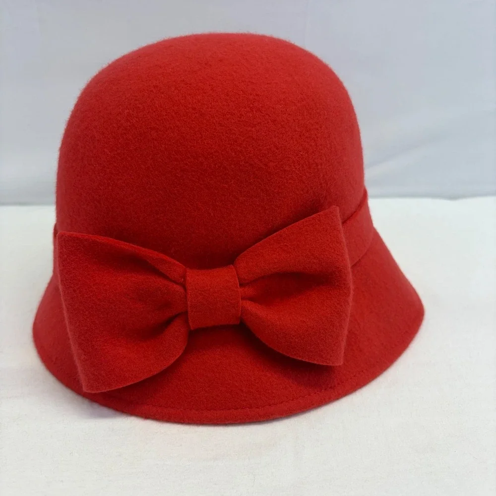 Kate‎ Spade New York Wool Felt 1920s style Cloche Bucket Hat Red Bow